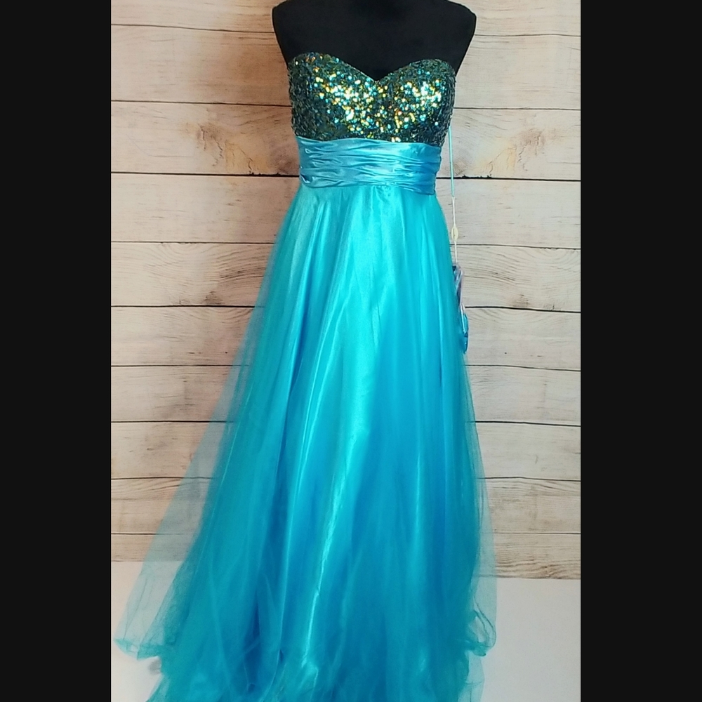 New blue sequin tulle prom dress gown L XL flaw